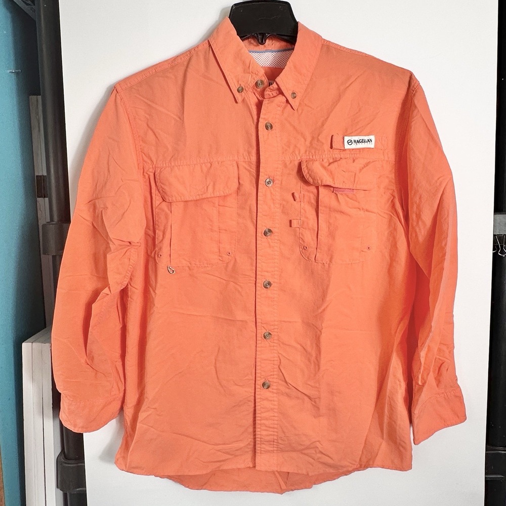 Magellan Outdoors Mens Sz Small Fish Gear Shirt Orange Long Sleeve Vented Nylon